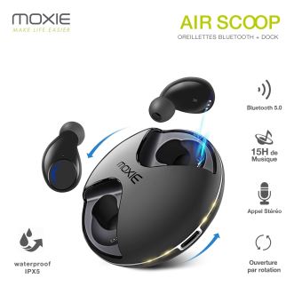 Oreillettes écouteurs sans fil Bluetooth 5.0 Moxie - AIR SCOOP - Waterproof IPX5 - Ultra Léger, Compatible iOS et Android - Noir - 1