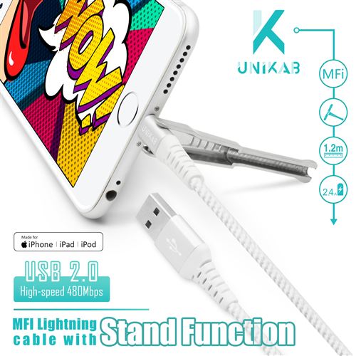 UNIKAB Cinekab série Câble MFI 1,2m 2,4a USB à Lightning avec fonction de support - Blanc
