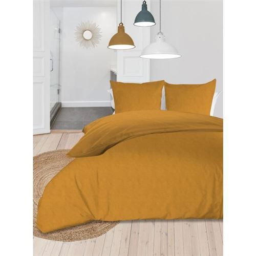 SOLEIL dOCRE Parure de couette Boheme - Microfibre lavee - 240x260 cm - Jaune moutarde