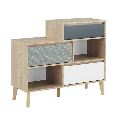 Commode 3 tiroirs 2 niches Chêne blond/Bleu/Blanc - ESMEY