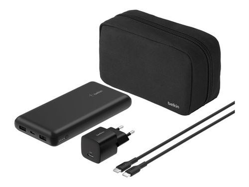 Belkin BOOST CHARGE - Banque d alimentation + adaptateur secteur - 20000 mAh - PD - 3 connecteurs de sortie (24 pin USB-C, 2 x USB) - sur le câble : USB-C - Europe - avec zippered pouch case