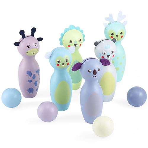 Non Communiqué Jeu De Quilles Enfants - Animaux Pastels, 6 Quilles Et 4 Boules - Jeu De Bowling En Bois
