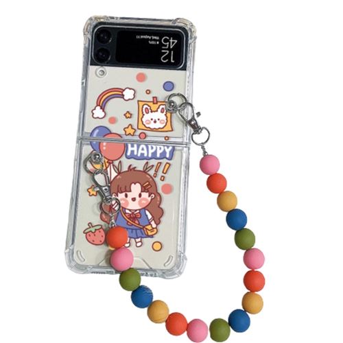 Coque pour Samsung Z Flip 3 avec Lanière Perle Frusde Design Antidérapant Transparent - Bleu