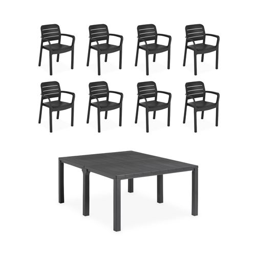 Sweeek Table de jardin rectangulaire 3 en 1 en résine de synthèse - Julie - Rectangulaire + 8 fauteuils de jardin empilables Tisara