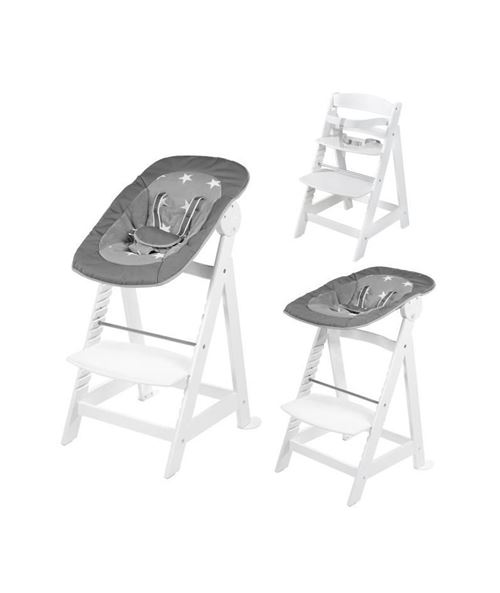 Roba Chaise Haute Évolutive Born Up 2 En 1 + Transat Inclinable A Motifs Étoiles - Little Stars - Des La Naissance - Bois Blanc