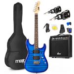 Max GigKit - Guitare Électrique 4/4 Pack Débutant Ampli 40 Watts et Système Sans Fil | Quilted Bleue