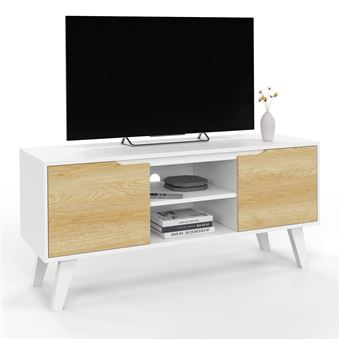 Meuble TV 110 cm FINN blanc 2 portes façon hêtre - 1
