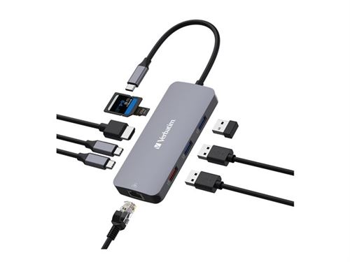 Verbatim CMH 09 - Concentrateur (hub) - 1 x HDMI + 2 x USB-C 3.2 Gen 2 + 3 x USB 3.2 de 1ère génération + 1 x Ethernet 1 GigabitEthernet - de bureau