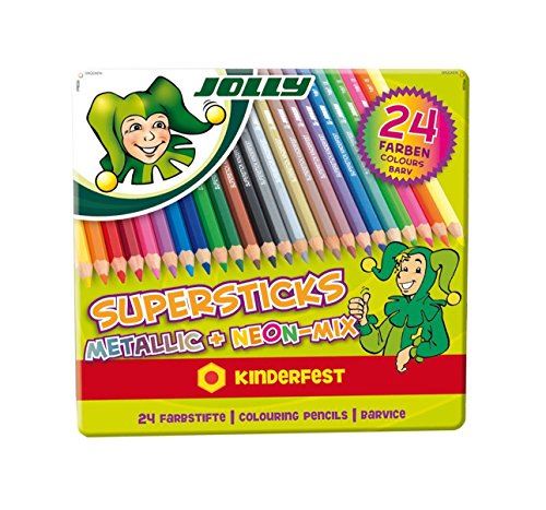 Jolly Supersticks Crayons de couleur européens métallisés et néons de qualité supérieure avec étui de transport en étain, ensemble de 24, parfaits pour les adultes et les enfants à colorier