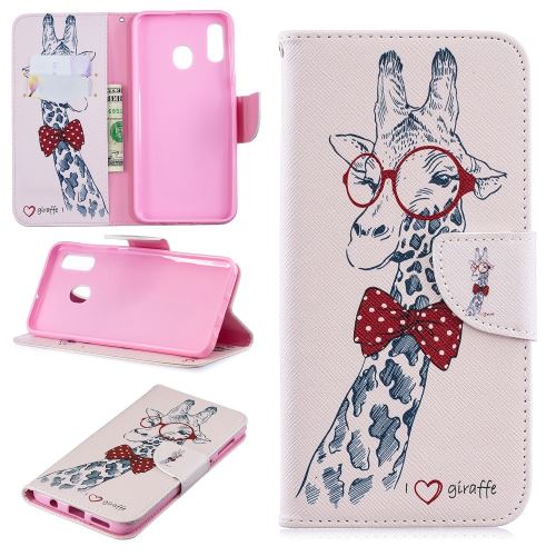 Etui en PU feuille de papier pour l'impression de motifs girafe portant des lunettes pour votre Samsung Galaxy A20/A30