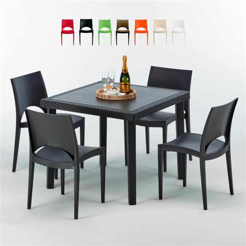 Table Carrée Noire 90x90cm Avec 4 Chaises Colorées Grand Soleil Set Extérieur Bar Café PARIS PASSION, Couleur: Noir