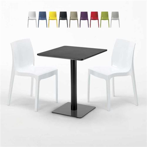 Table carrée 60x60 noire avec 2 chaises colorées Ice Licorice, Couleur: Blanc
