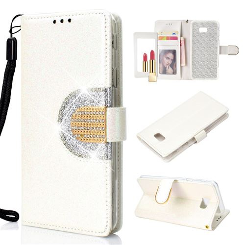 Etui en PU décor strass scintillant avec miroir blanc pour votre Samsung Galaxy J4 Plus/J4 Prime J415