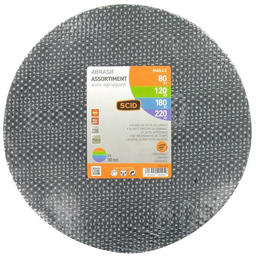 Disque maille auto-agrippant diamètre 180 mm SCID - Grain 80, 100, 180, 220 - Vendu par 8