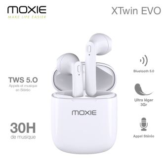 Écouteurs sans fil Bluetooth 5.0 TWS Moxie XTWIN EVO - Waterproof IPX5 - Autonomie 40h - Compatible iOS et Android - Blanc - 1