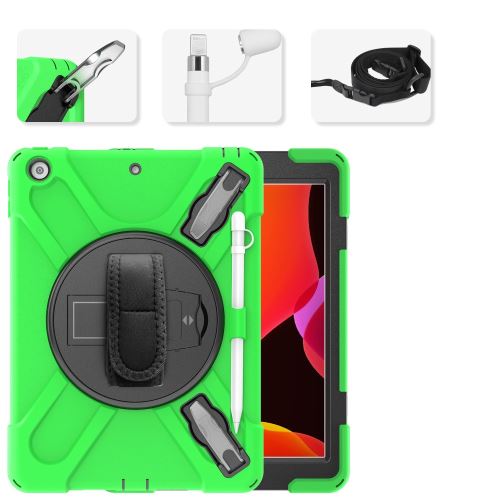 Coque en TPU Hybride en forme de X avec deux types de béquille, dragonne et porte-stylet vert pour votre Apple iPad 10.2 (2019)