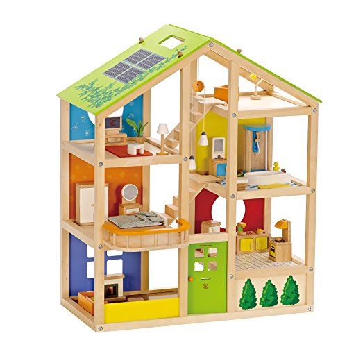 Hape All Seasons Kids Dollhouse Dollhouse by Winning Award 3 Story Dolls House Toy with Furnishings, Movable Stairs and Reversible Season Theme