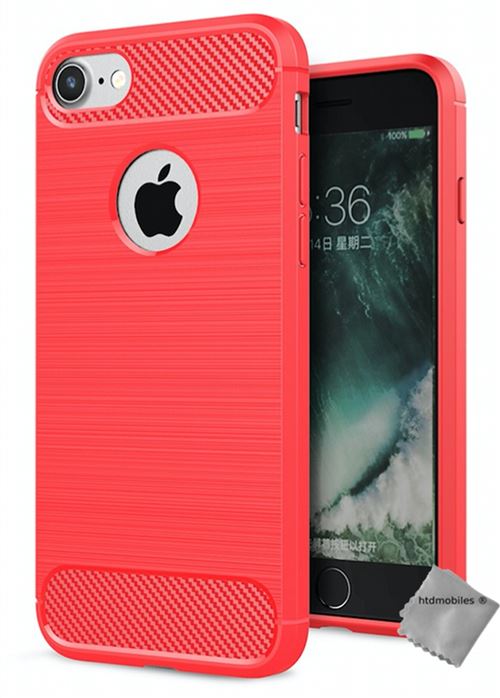 Housse etui coque silicone gel carbone pour Apple iPhone 8 avec verre trempe - ROUGE