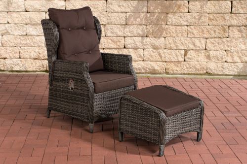 Fauteuil de jardin Breno 5 mm avec pouf repose-pieds - Polyrotin Gris chiné - Coussins Marron marbré