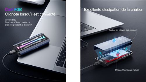 Boîtier SSD M.2 NVMe/SATA Inateck Avec RGB - USB 3.2 Gen 2, 10 Gbps, Sans Outil