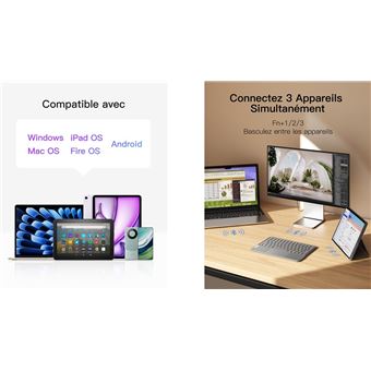 Clavier Sans Fil Avec Pavé Tactile, AZERTY, BT1+BT2+2.4GHz USB, Clavier Ultra-Mince Multi-Dispositifs Pour Ipad, Huawei MediaPad T5,Samsung Tab A7 Compatible Android, Smart TV, Laptop, Mac, Windows