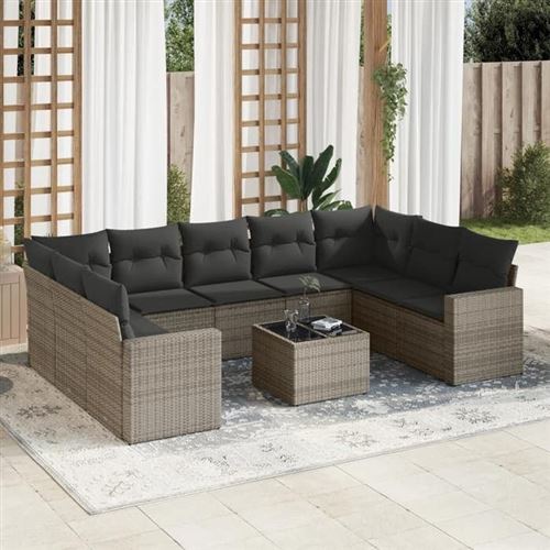 vidaXL Salon de jardin avec coussins 10 pcs gris résine tressée