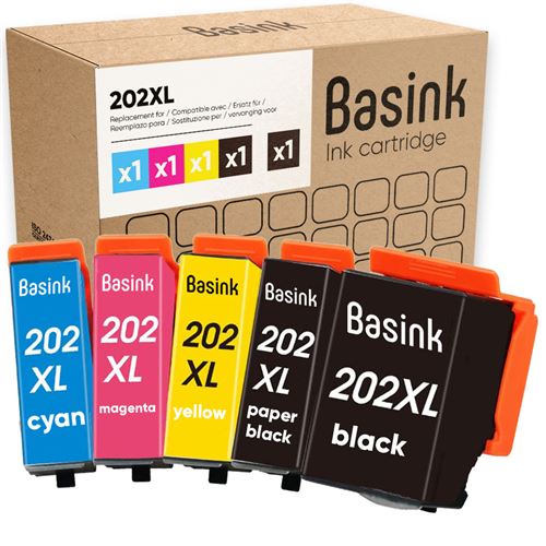 Basink Cartouche d'encre Compatible avec Epson 202XL Pack 5 pour Expression Premium XP-6100 XP-6105 XP-6000 XP-6005 XP-6001