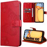 Coque pour Xiaomi Redmi 13C, Rouge, Style Embossé en Cuir PU, Antichoc avec Porte-Cartes et Support, Motif Papillon - BOOLING