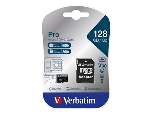 Verbatim PRO - Carte mémoire flash (adaptateur microSDXC vers SD inclus(e)) - 128 Go - Video Class V30 / UHS-I U3 / Class10 - 300x/600x - microSDXC UHS-I
