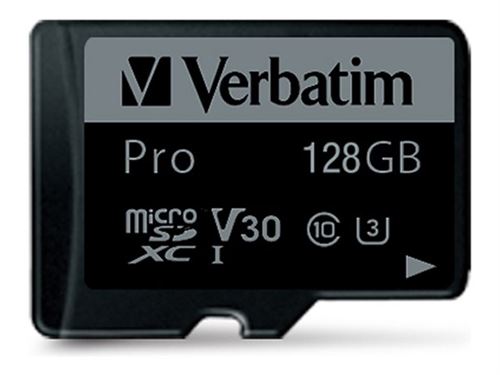 Verbatim PRO - Carte mémoire flash (adaptateur microSDXC vers SD inclus(e)) - 128 Go - Video Class V30 / UHS-I U3 / Class10 - 300x/600x - microSDXC UHS-I