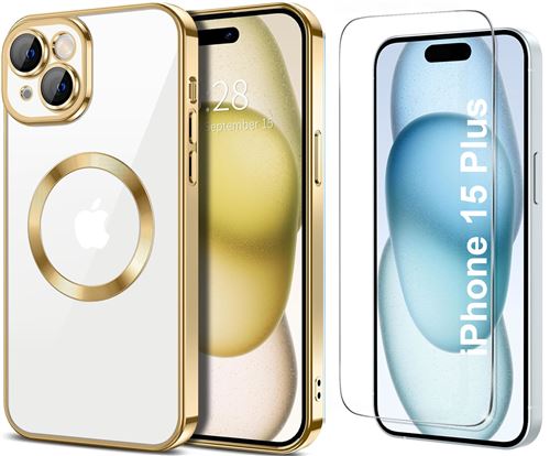 Coque Silicone Pour iPhone 15 Plus Couleur Or Compatible Magsafe + Verre Trempe Protection Ecran Little Boutik®