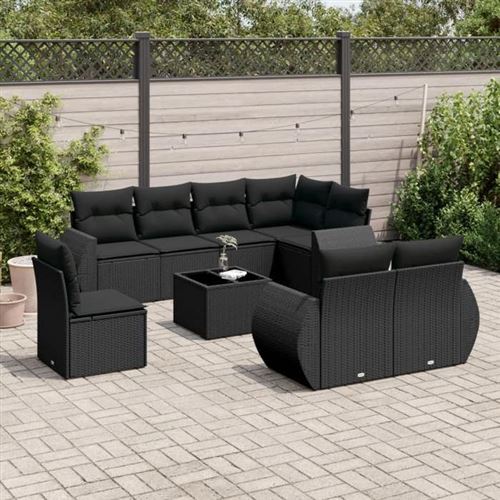 vidaXL Salon de Jardin avec Coussins 9 pcs, Canapés de Terrasse, Ensemble de Meubles de Patio, Mobilier d'Extérieur, Noir 3221644