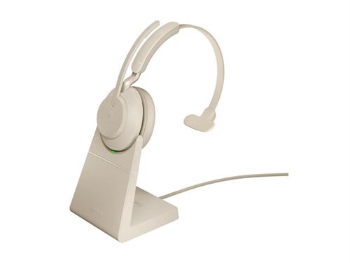 Jabra Evolve2 65 MS Mono - Micro-casque - sur-oreille - convertible - Bluetooth - sans fil - USB-A - isolation acoustique - beige - avec support de chargement - Certifié pour Microsoft Teams