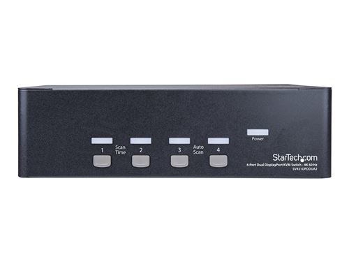StarTech.com Switch KVM double affichage DisplayPort 4K 60 Hz à 4 ports avec hub USB 2.0 intégré - Commutateur écran-clavier-souris/audio/USB - 4 x KVM / audio / USB - 1 utilisateur local - de bureau, Montable sur rack - Noir 1.2 kg