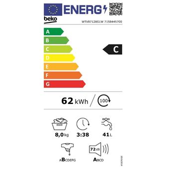 Beko WTV8712BS1W - Machine à laver - largeur : 60 cm - profondeur : 59 cm - hauteur : 84 cm - chargement frontal - 55 litres - 8 kg - 1400 tours/min - blanc/argent