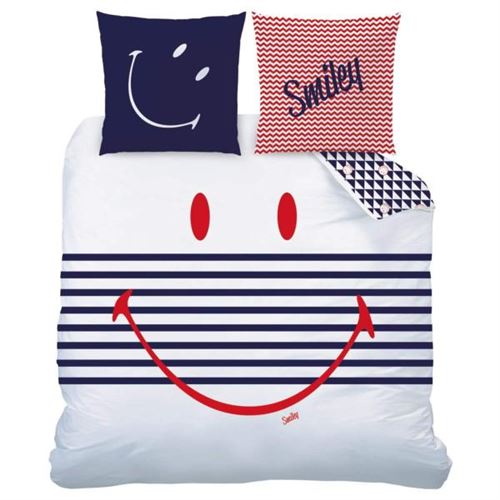 Housse de couette Smiley Marine, Blanc/Rouge/Bleu, 220x240cm, 2 personnes, 100% Coton