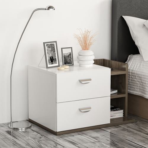 HOMEMANIA Table de Chevet Lia Moderne Compacte - avec Tiroirs - pour Salon, Chambre - Blanc, Noyer Foncé en Bois, 61 x 40 x 39 cm