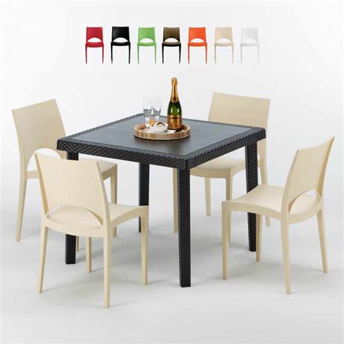 Table Carrée Noire 90x90cm Avec 4 Chaises Colorées Grand Soleil Set Extérieur Bar Café PARIS PASSION, Couleur: Beige