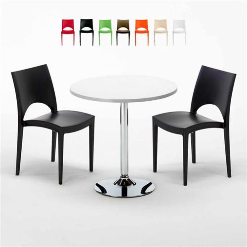 Table Ronde Blanche 70x70cm Avec 2 Chaises Colorées Grand Soleil Set Intérieur Bar Café Paris LONG Island, Couleur: Noir