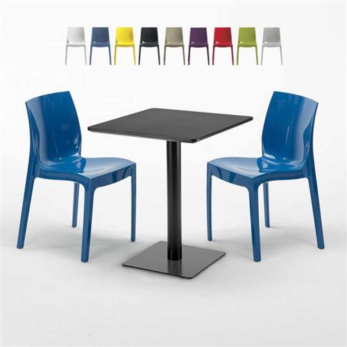 Table carrée 60x60 noire avec 2 chaises colorées Ice Licorice, Couleur: Bleu