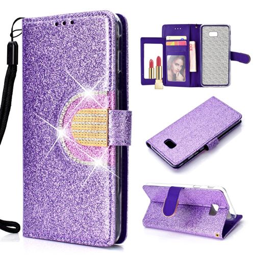 Etui en PU décor strass scintillant avec miroir violet pour votre Samsung Galaxy J4 Plus/J4 Prime J415