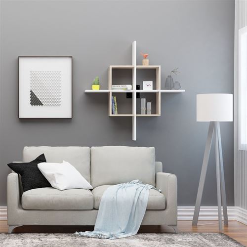 HOMEMANIA Étagère Ilha - Murale Flottante, pour Livres - pour Séjour, Bureau, Chambre - Blanc, Chêne, Noir en Bois, Métal Peint, 110 x 18 x 110 cm