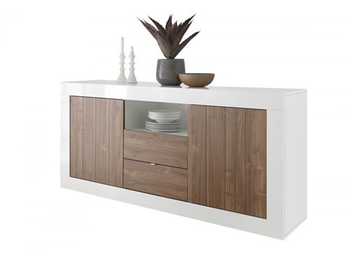 SUBLEEM Buffet 184cm 2 portes battants 2 tiroirs Bronte blanc laqué brillant chene noyer foncé