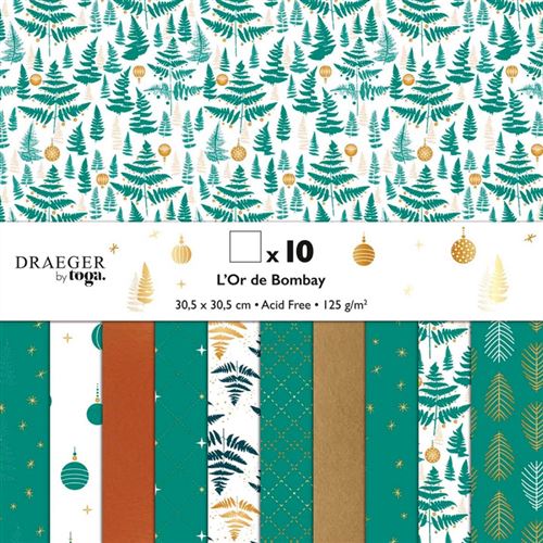 Papier Scrapbooking Toga - Motifs verts et dorés - 30,5 x 30,5 cm - 10 pcs