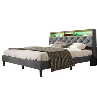 Lit double rembourré 140x200cm avec tête de lit avec rangement USB et éclairage LED avec matelas gris - 1