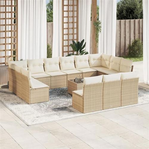 Salon de jardin avec coussins 14 pcs beige r&eacute;sine tress&eacute;e 3250237