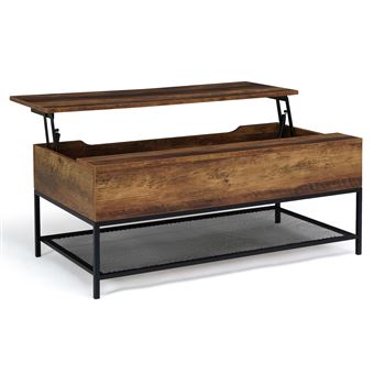 Table basse plateau relevable rectangulaire HAMILTON bois foncé et étagère inférieure design industriel - 1