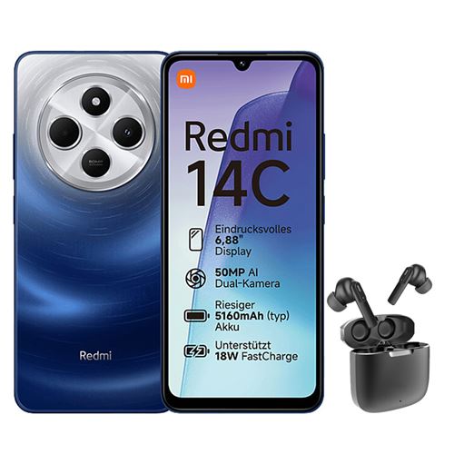 Smartphone Xiaomi Redmi 14C 6,88 Double SIM 256 Go Bleu + Ecouteurs sans fil Bluetooth