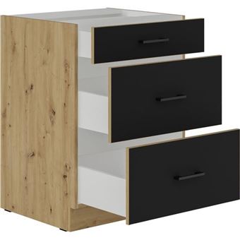 Modena - Meuble bas casserolier - 3 Tiroirs - 60 cm - Chêne artisan et noir mat - Plan de travail non inclus - 1