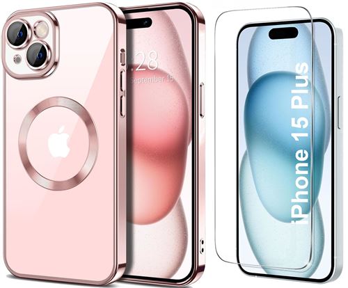 Coque Silicone Pour iPhone 15 Plus Couleur Rose Compatible Magsafe + Verre Trempe Protection Ecran Little Boutik®